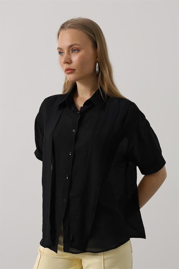 RYN Scarf Detailed Half Sleeve Shirt - Black - Pozzuoli
