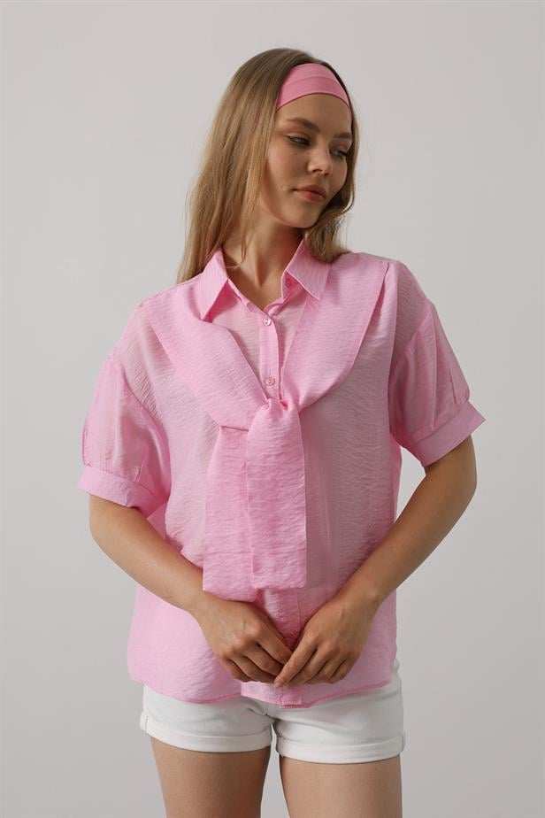 RYN Scarf Detailed Half Sleeve Shirt - Pink - San Donà di Piave