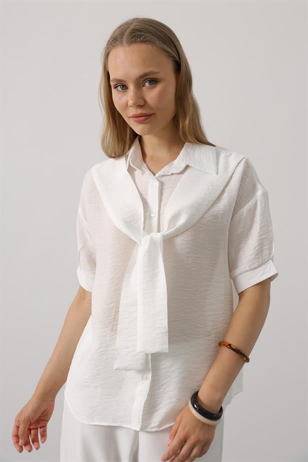 RYN Scarf Detailed Half Sleeve Shirt - White - Brunswick