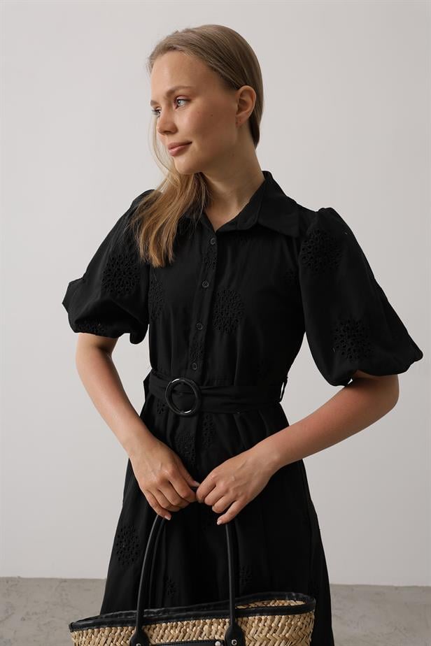 RYN Balloon Sleeve Belted Brocade Dress - Black - Worcester