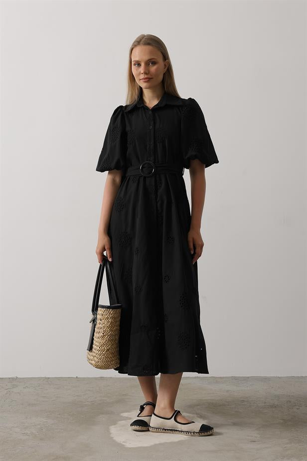 RYN Balloon Sleeve Belted Brocade Dress - Black - Worcester