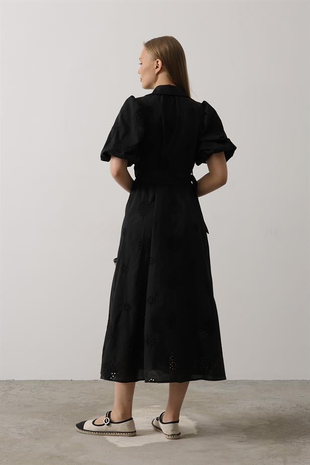 RYN Balloon Sleeve Belted Brocade Dress - Black - Worcester