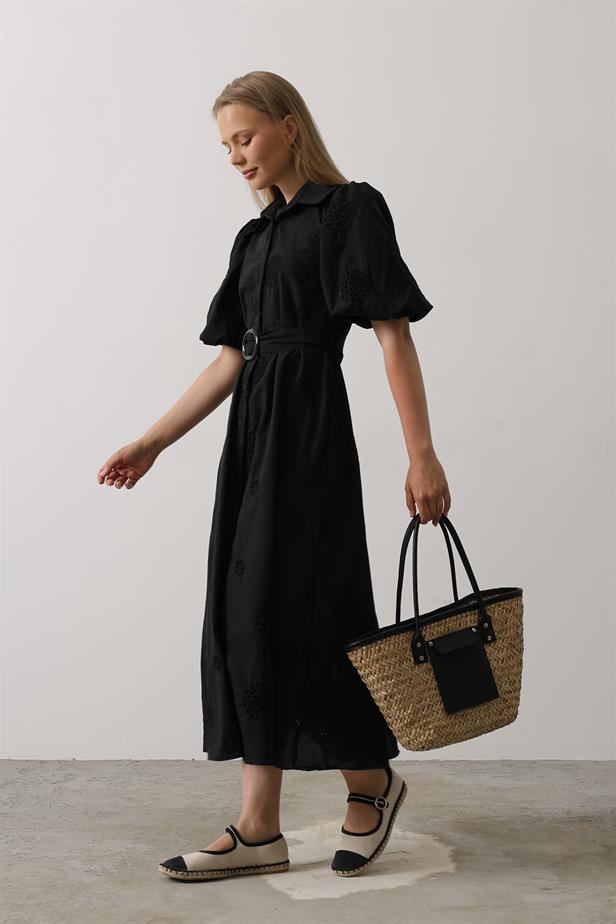 RYN Balloon Sleeve Belted Brocade Dress - Black - Worcester