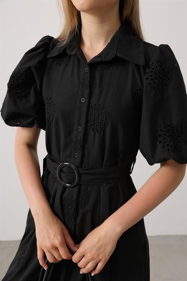 RYN Balloon Sleeve Belted Brocade Dress - Black - Worcester