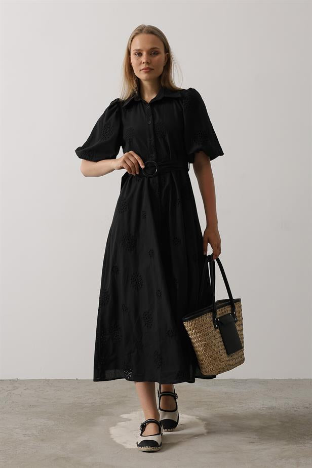 RYN Balloon Sleeve Belted Brocade Dress - Black - Worcester