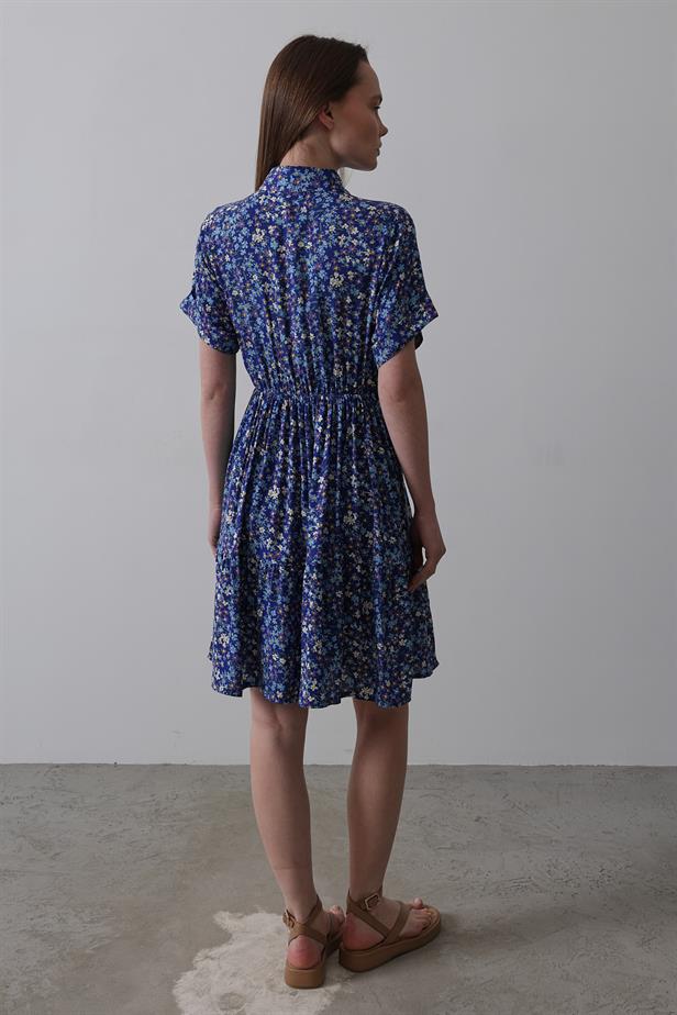 RYN Baskılı Keten Elbise - Lacivert-Beyaz - Hawthorne