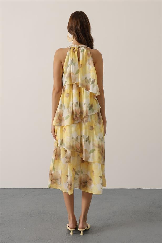 RYN Printed Collar Detailed Layered Dress - Yellow - Warren