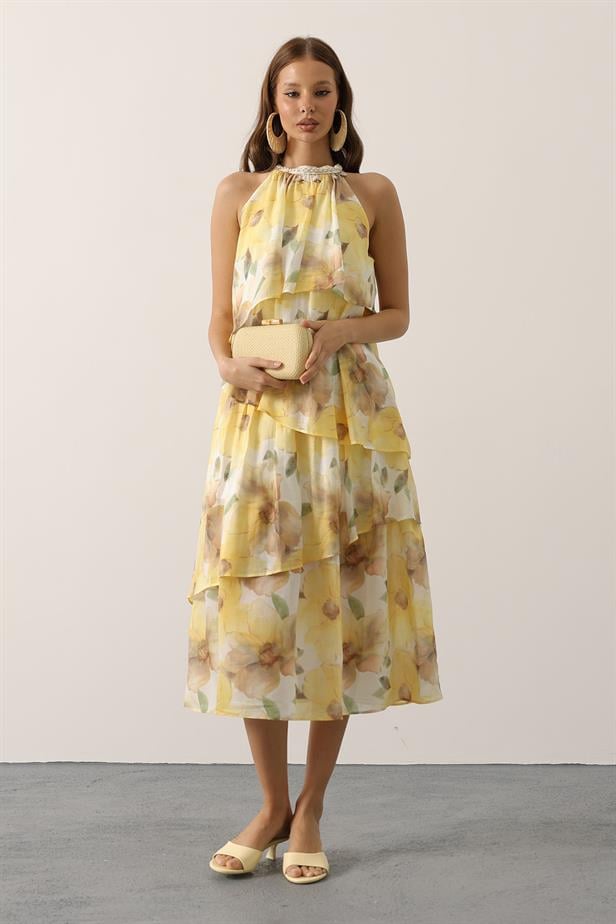 RYN Printed Collar Detailed Layered Dress - Yellow - Warren