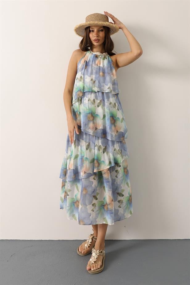 RYN Printed Collar Detailed Layered Dress - Blue - Caltanissetta