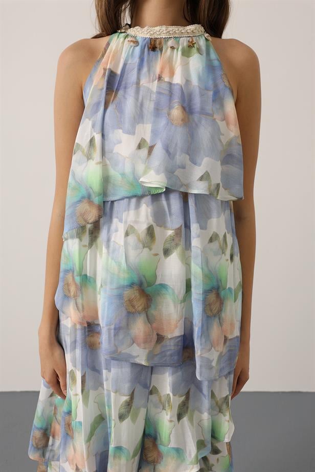 RYN Printed Collar Detailed Layered Dress - Blue - Caltanissetta