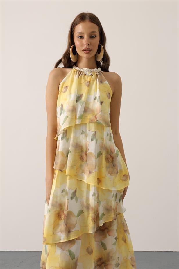 RYN Printed Collar Detailed Layered Dress - Yellow - Warren