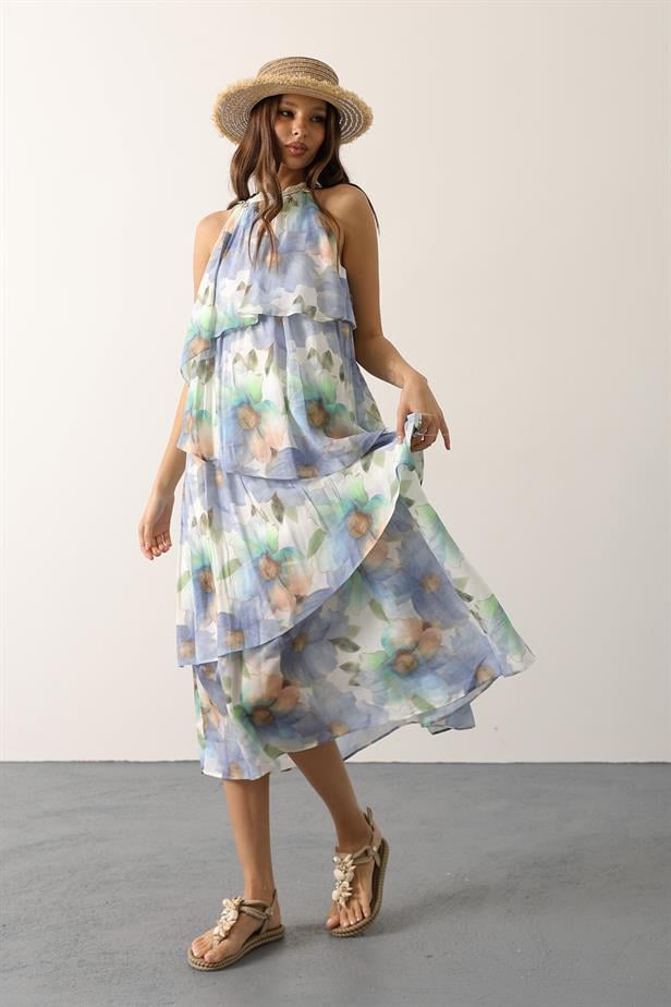 RYN Printed Collar Detailed Layered Dress - Blue - Caltanissetta