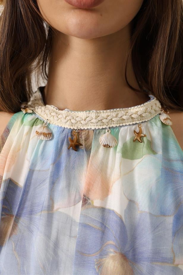 RYN Printed Collar Detailed Layered Dress - Blue - Caltanissetta