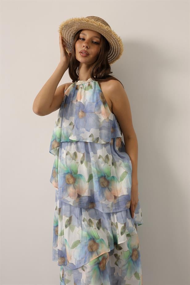 RYN Printed Collar Detailed Layered Dress - Blue - Caltanissetta