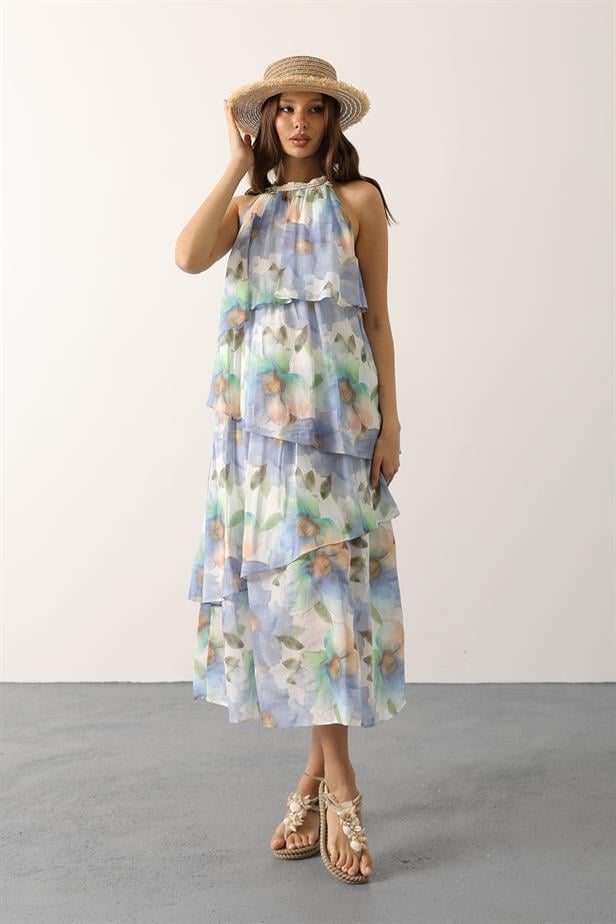 RYN Printed Collar Detailed Layered Dress - Blue - Caltanissetta