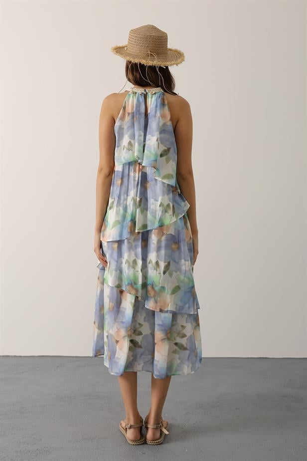 RYN Printed Collar Detailed Layered Dress - Blue - Caltanissetta