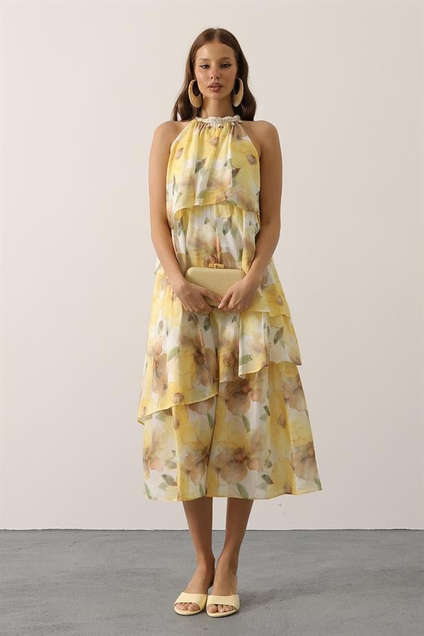 RYN Printed Collar Detailed Layered Dress - Yellow - Warren