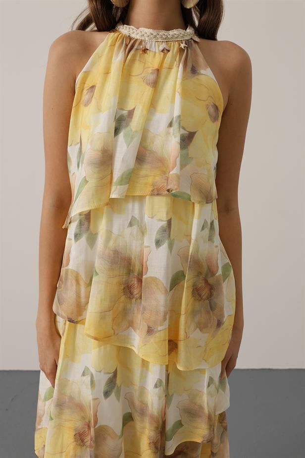 RYN Printed Collar Detailed Layered Dress - Yellow - Warren