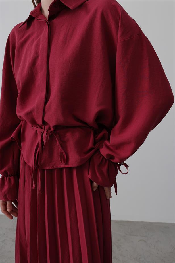 RYN Waist Detailed Blouse Pleated Skirt - Burgundy - Orsha