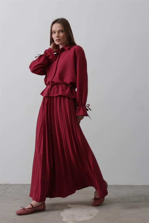 RYN Waist Detailed Blouse Pleated Skirt - Burgundy - Orsha