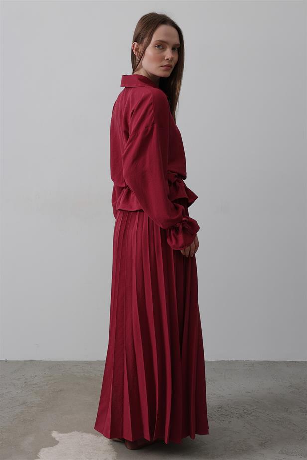 RYN Waist Detailed Blouse Pleated Skirt - Burgundy - Orsha