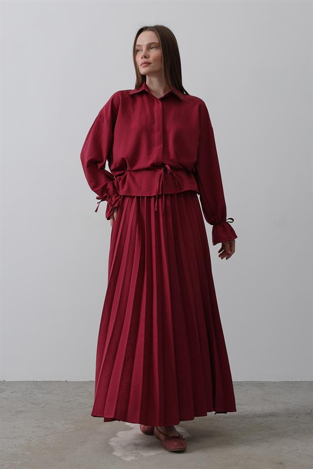 RYN Waist Detailed Blouse Pleated Skirt - Burgundy - Orsha