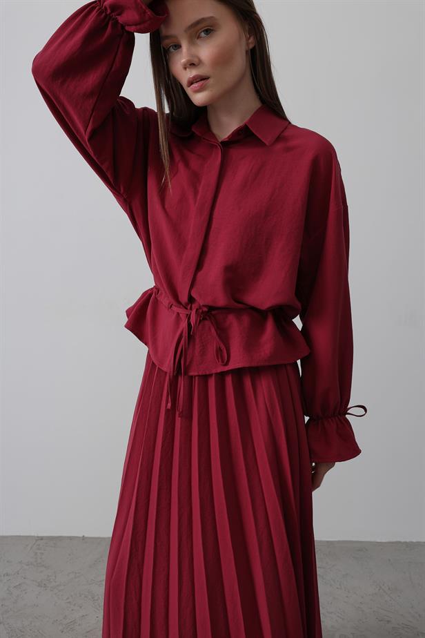 RYN Waist Detailed Blouse Pleated Skirt - Burgundy - Orsha