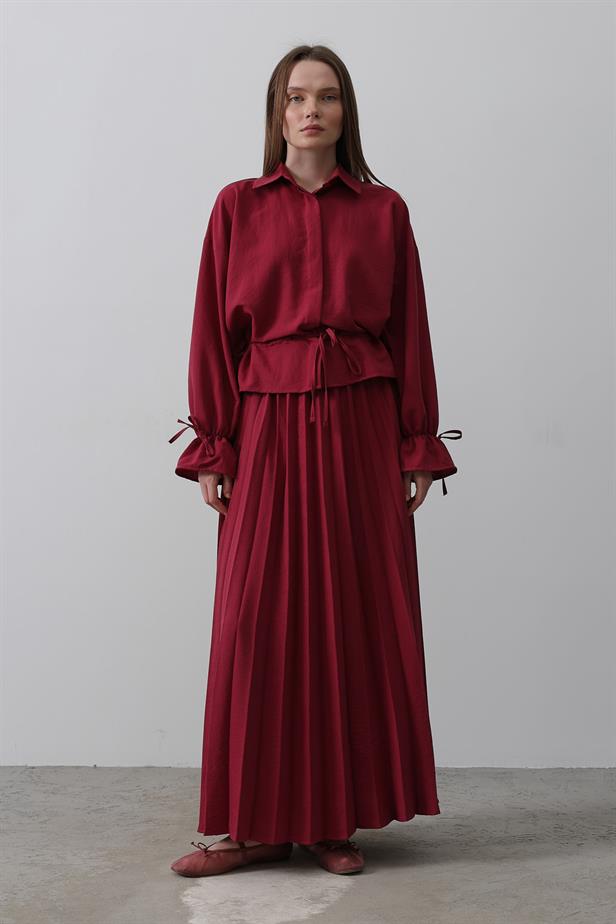 RYN Waist Detailed Blouse Pleated Skirt - Burgundy - Orsha