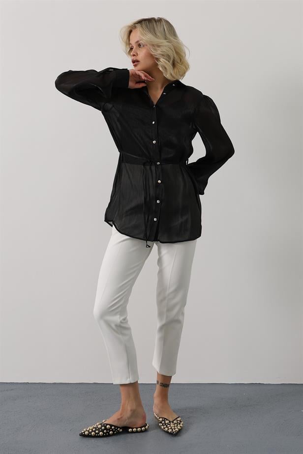 RYN Tied Waist Long Sleeve Shirt - Black - Lorca