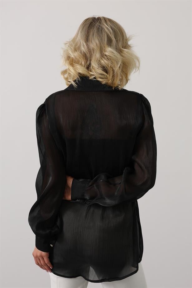 RYN Tied Waist Long Sleeve Shirt - Black - Lorca