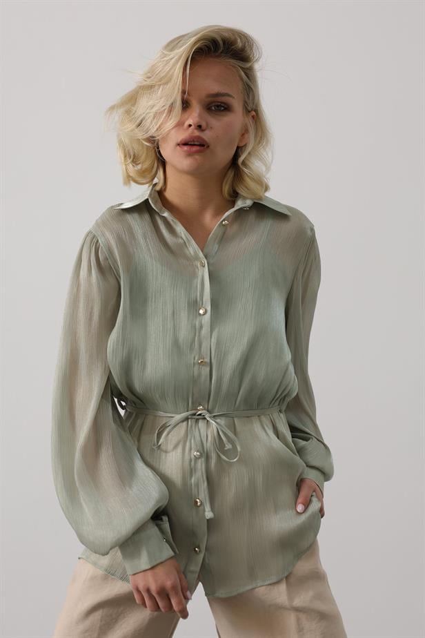 RYN Tied Waist Long Sleeve Shirt - Khaki - Salem