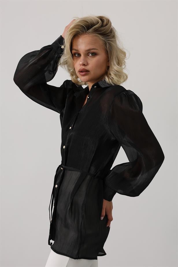 RYN Tied Waist Long Sleeve Shirt - Black - Lorca