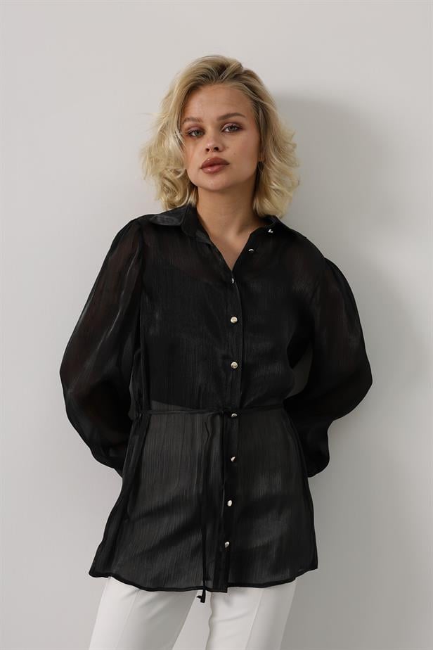 RYN Tied Waist Long Sleeve Shirt - Black - Lorca