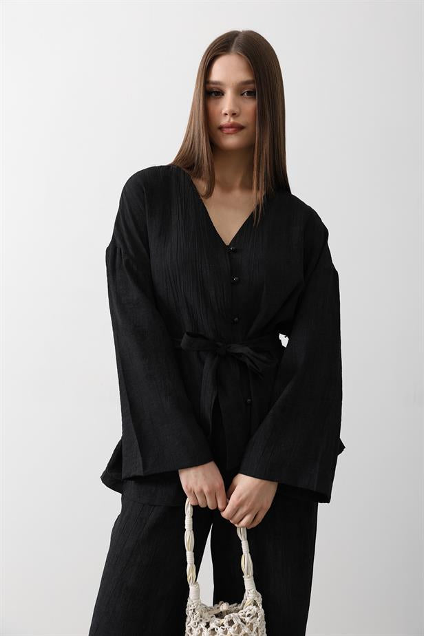 RYN Tunic with Waist Tie and Waist Tie Pants Set - Black - Lombard