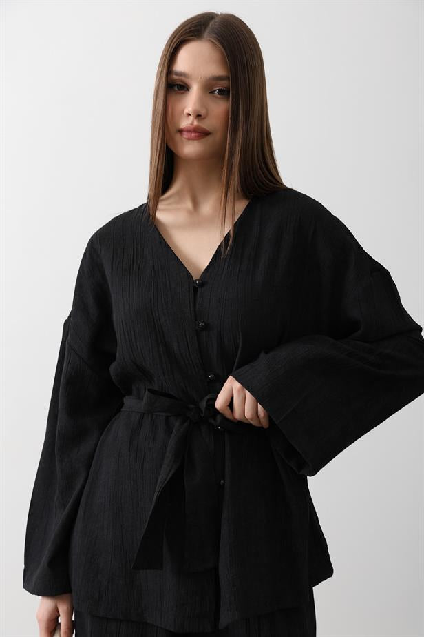 RYN Tunic with Waist Tie and Waist Tie Pants Set - Black - Lombard