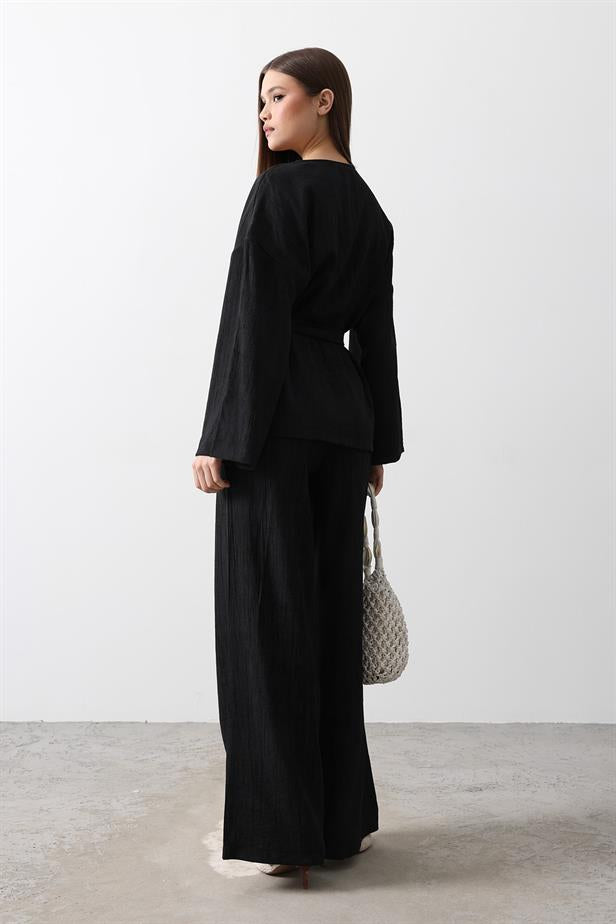 RYN Tunic with Waist Tie and Waist Tie Pants Set - Black - Lombard