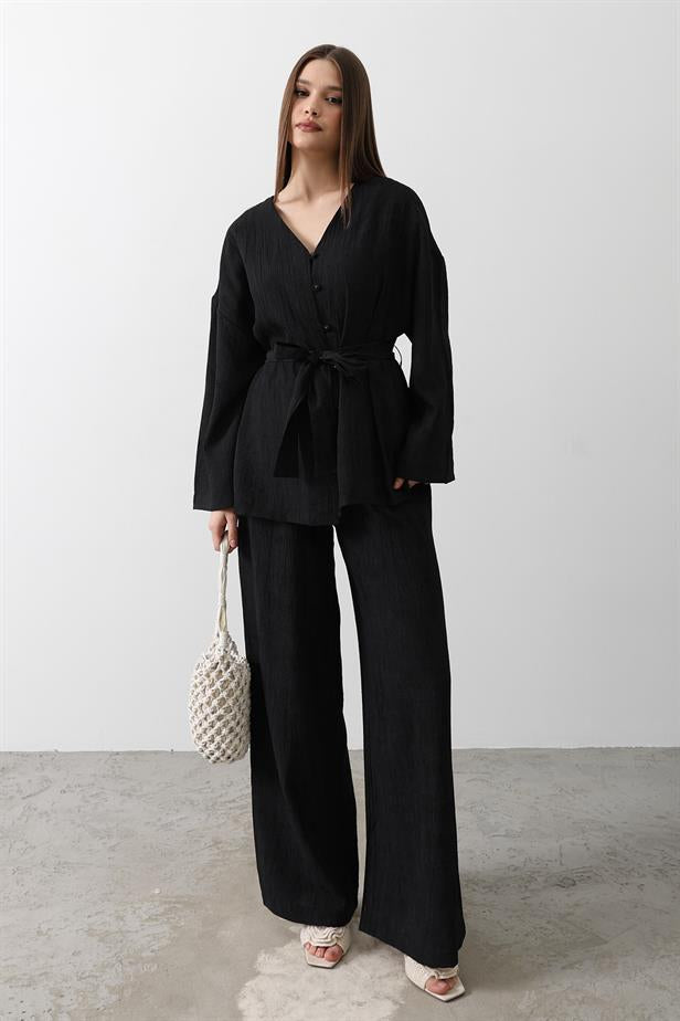 RYN Tunic with Waist Tie and Waist Tie Pants Set - Black - Lombard