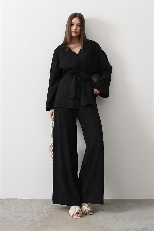 RYN Tunic with Waist Tie and Waist Tie Pants Set - Black - Lombard