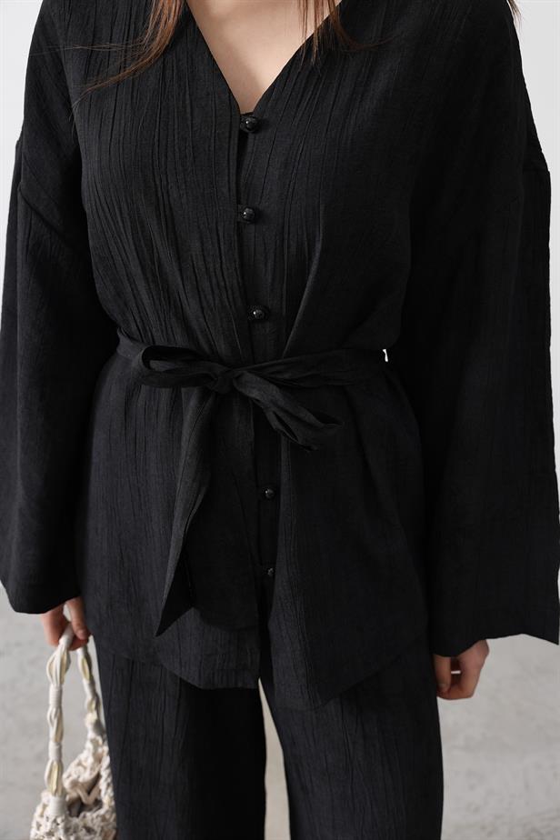 RYN Tunic with Waist Tie and Waist Tie Pants Set - Black - Lombard