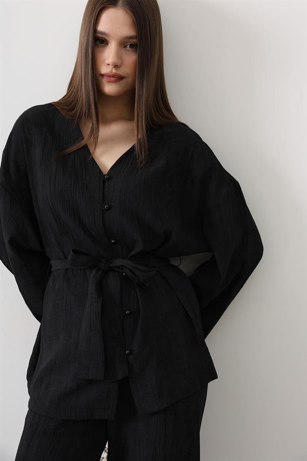 RYN Tunic with Waist Tie and Waist Tie Pants Set - Black - Lombard