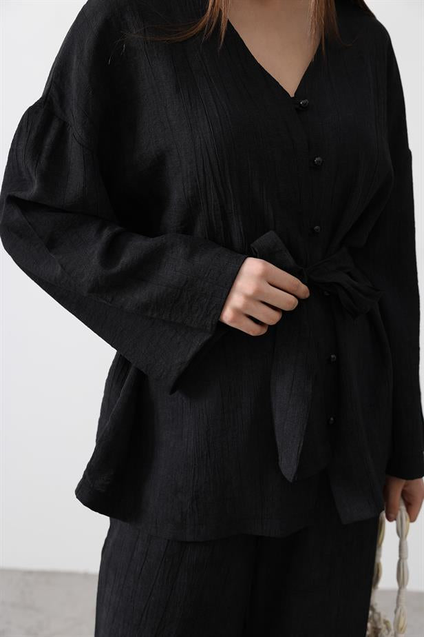 RYN Tunic with Waist Tie and Waist Tie Pants Set - Black - Lombard