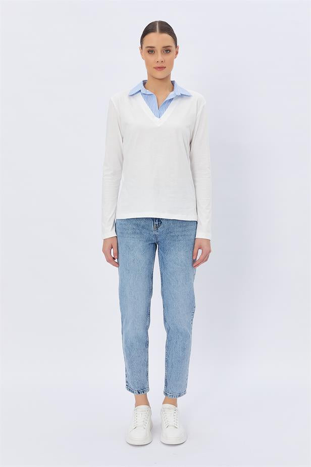 RYN Shirt Collar Long Sleeve T-shirt - ECRU - Sun City