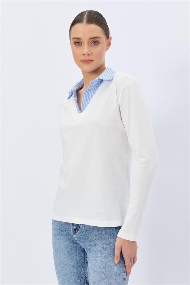 RYN Shirt Collar Long Sleeve T-shirt - ECRU - Sun City