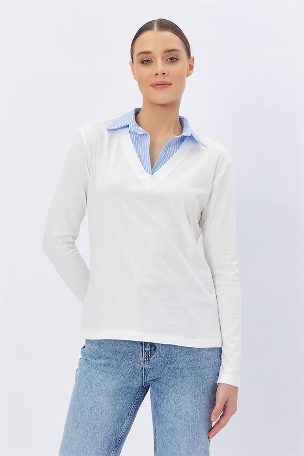 RYN Shirt Collar Long Sleeve T-shirt - ECRU - Sun City