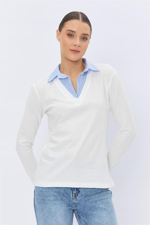 RYN Shirt Collar Long Sleeve T-shirt - ECRU - Sun City