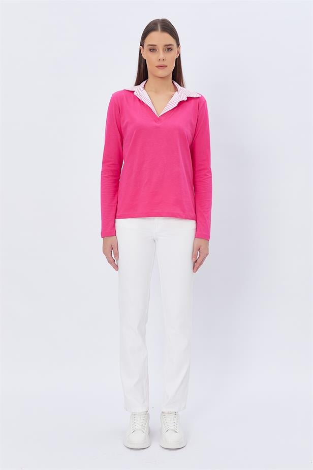 RYN Shirt Collar Long Sleeve T-shirt - FUCHSIA - Odivelas