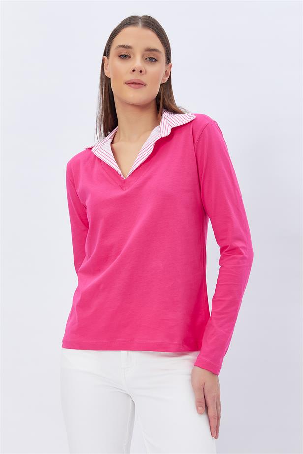 RYN Shirt Collar Long Sleeve T-shirt - FUCHSIA - Odivelas