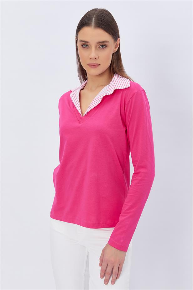 RYN Shirt Collar Long Sleeve T-shirt - FUCHSIA - Odivelas