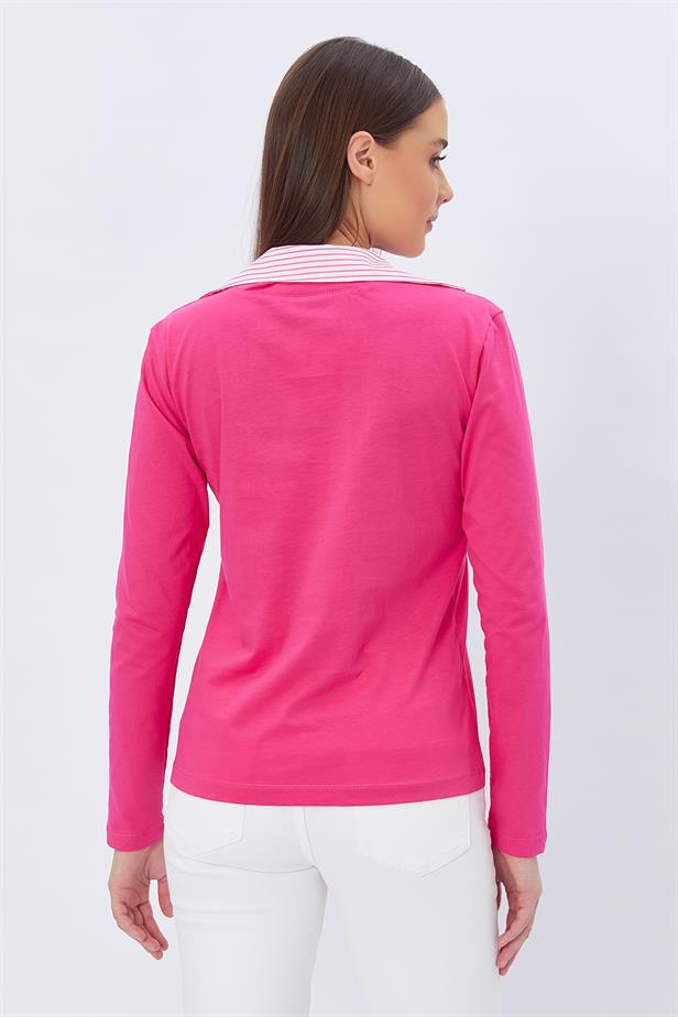 RYN Shirt Collar Long Sleeve T-shirt - FUCHSIA - Odivelas