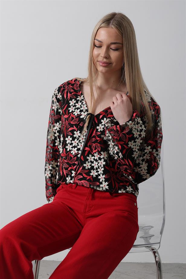 RYN Floral Patterned Front Tie Jacket - Red - Miahuatlán de Porfirio Díaz